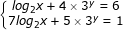 \small \dpi{80} \fn_jvn \left\{\begin{matrix} log_{2}x+4\times 3^{y}=6 & \\ 7log_{2}x+5\times 3^{y}=1& \end{matrix}\right.